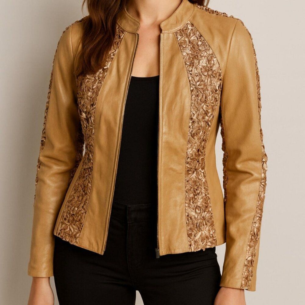 Pamela McCoy Genuine Leather Jacket – Rosette Ribbon Detail (NWT) Women M